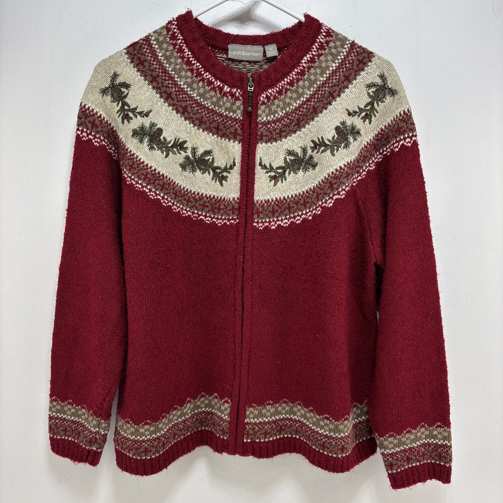 Croft & Barrow Nature Pinecones‎ Holly Red Zip Cardigan Sweater Women's XL